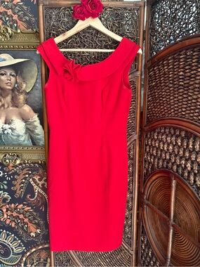 Calvin Klein Red Rosette Collar Sheath Dress Size 6 Cocktail Workwear